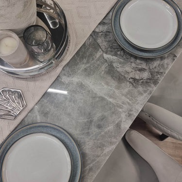 Roma Dining Table with Stunning Marble Top on Hammered Metal Base - Available in White & Crystal Grey - UK Luxury Furniture